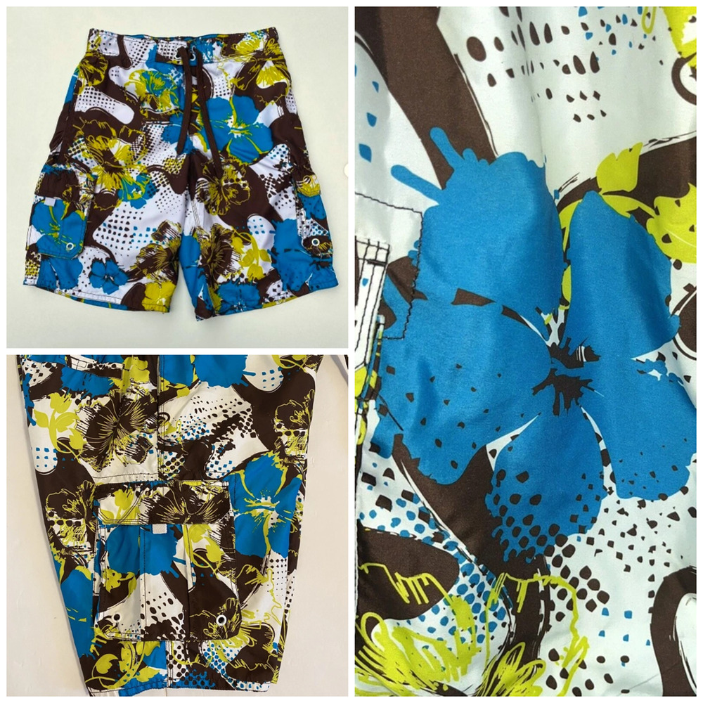 y2k Men's M OP Boardshorts Swim Trunks Cargo Floral white Brown Lime w Liner